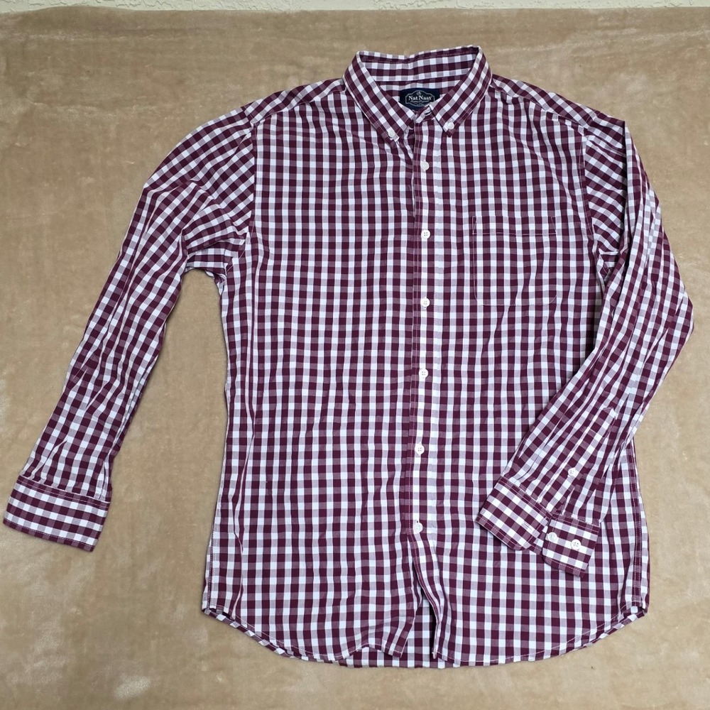 Nat Nast Mens Burgundy White Gingham Button Down Shirt Luxury Originals Size L